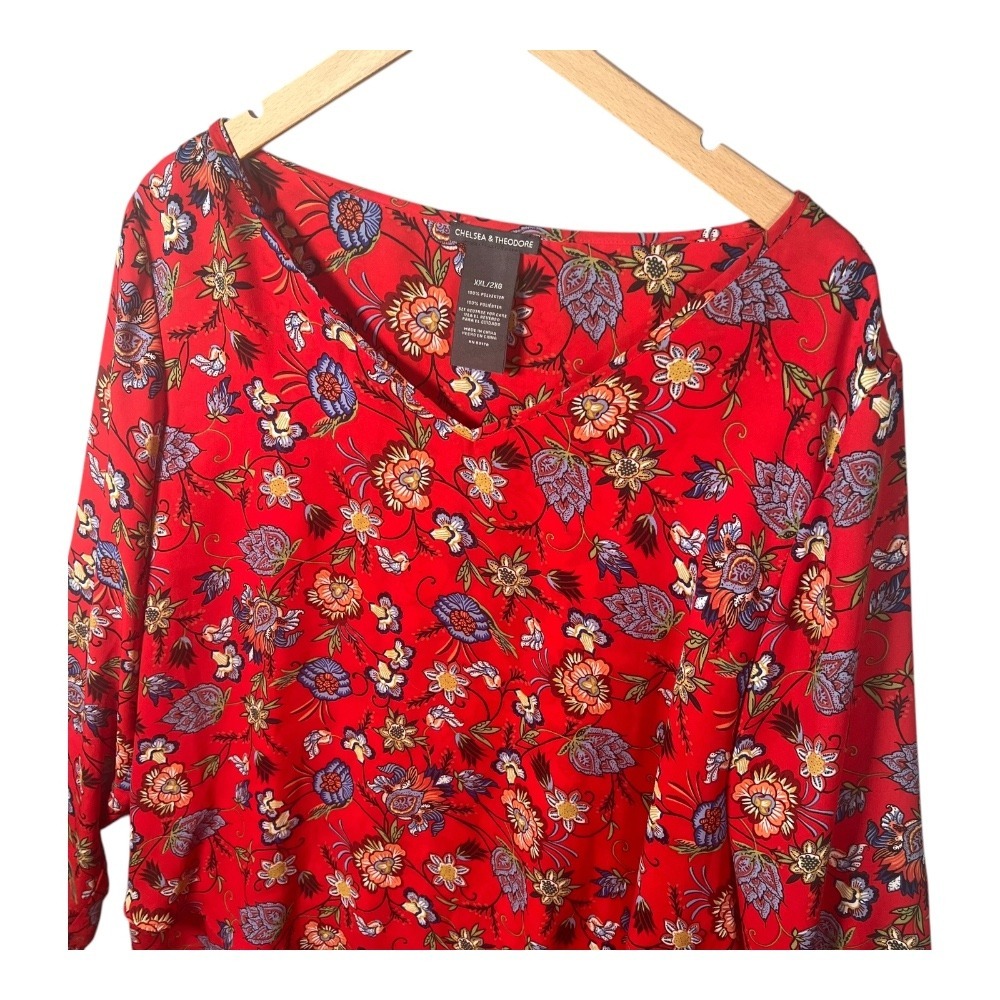 Chelsea & Theodore Floral Blouse Womens Sz XXL V-Neck Long‎ Sleeve Red Plus Boho